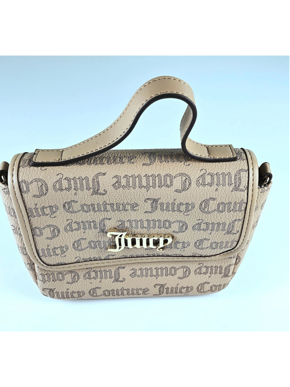 Juicy Couture Mini Crossbody Bag Beige Logo Print Top Handle Y2K Purse